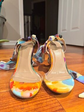 bebe Multicolor Floral Tie-Ankle Stiletto Sandals